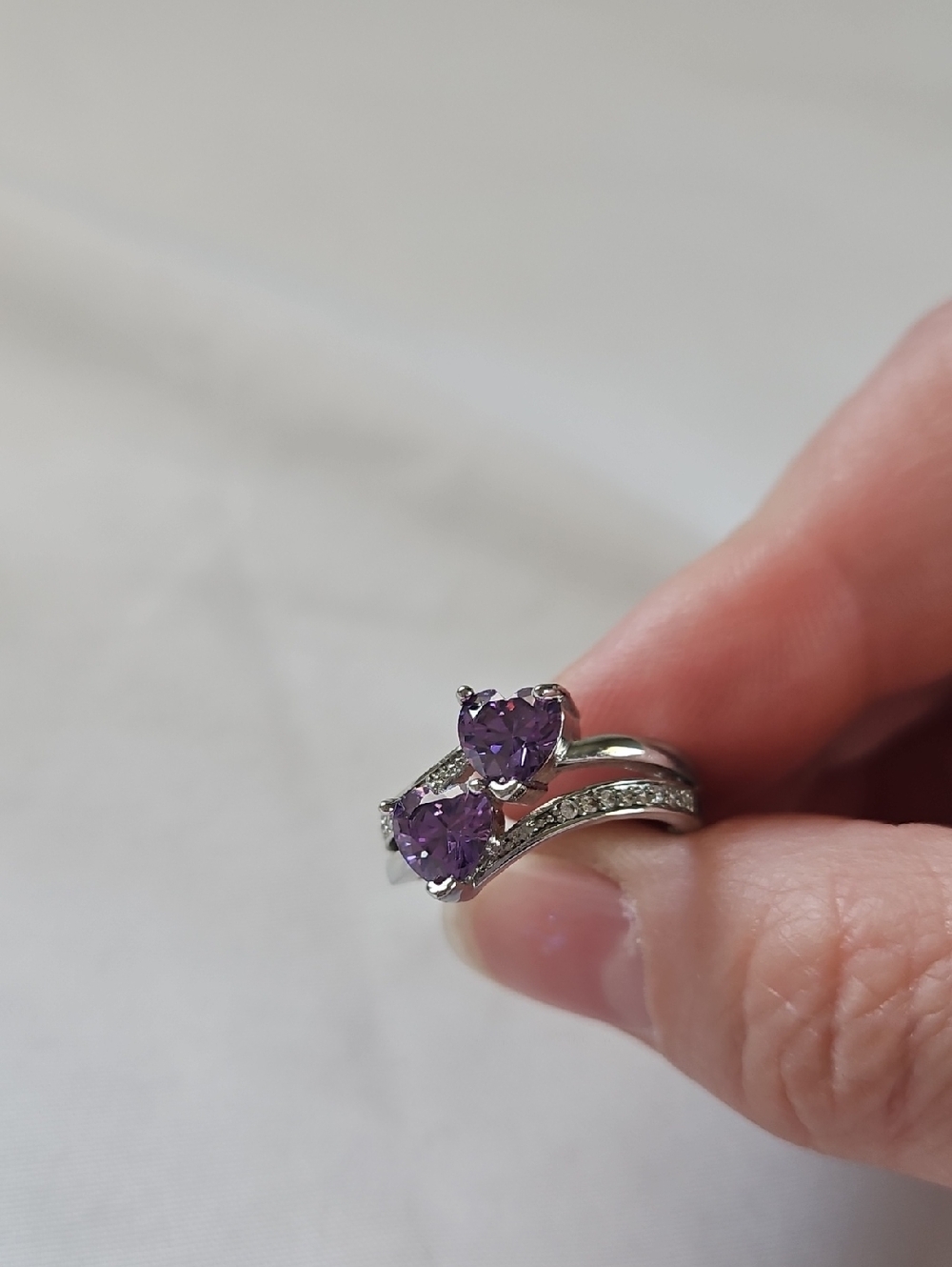 Silver Ring with Purple Heart Gemstones and Pavé Band